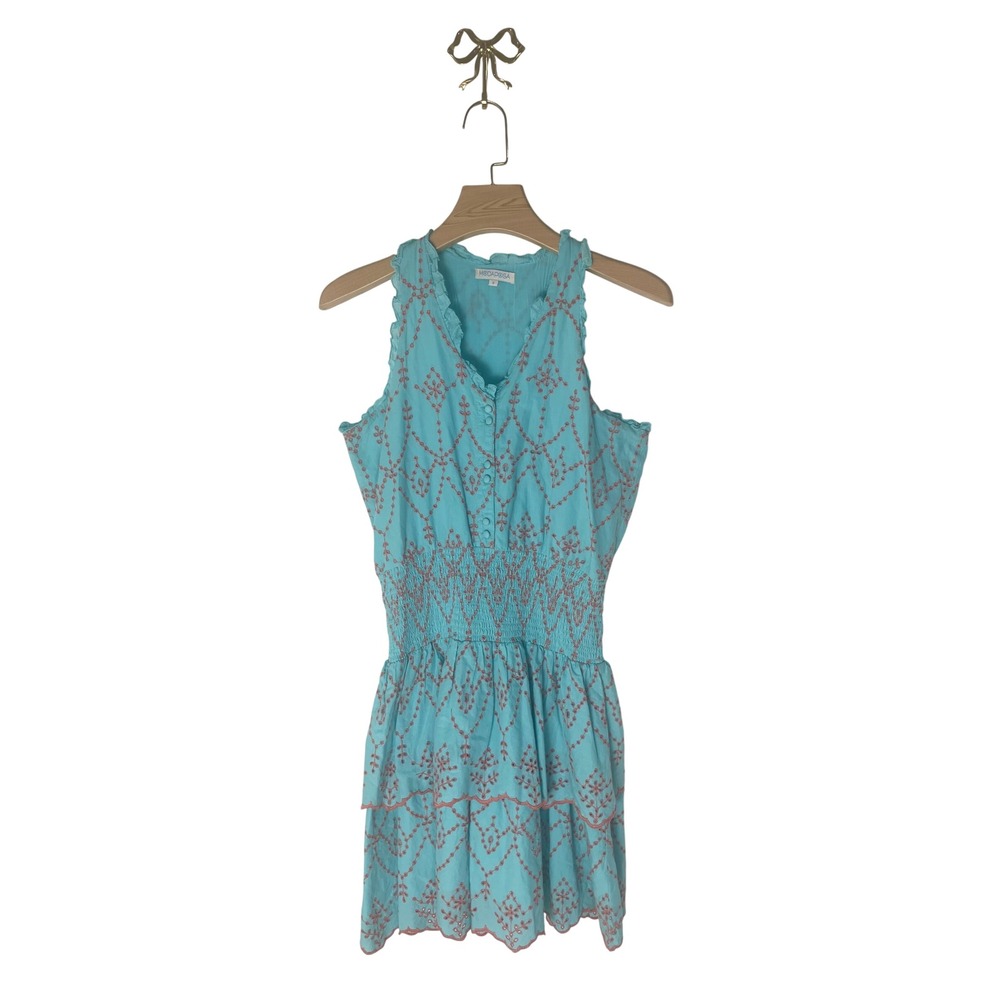 Modaposa Blue Embroidered Eyelet Cotton Smocked Tiered Mini Dress Small